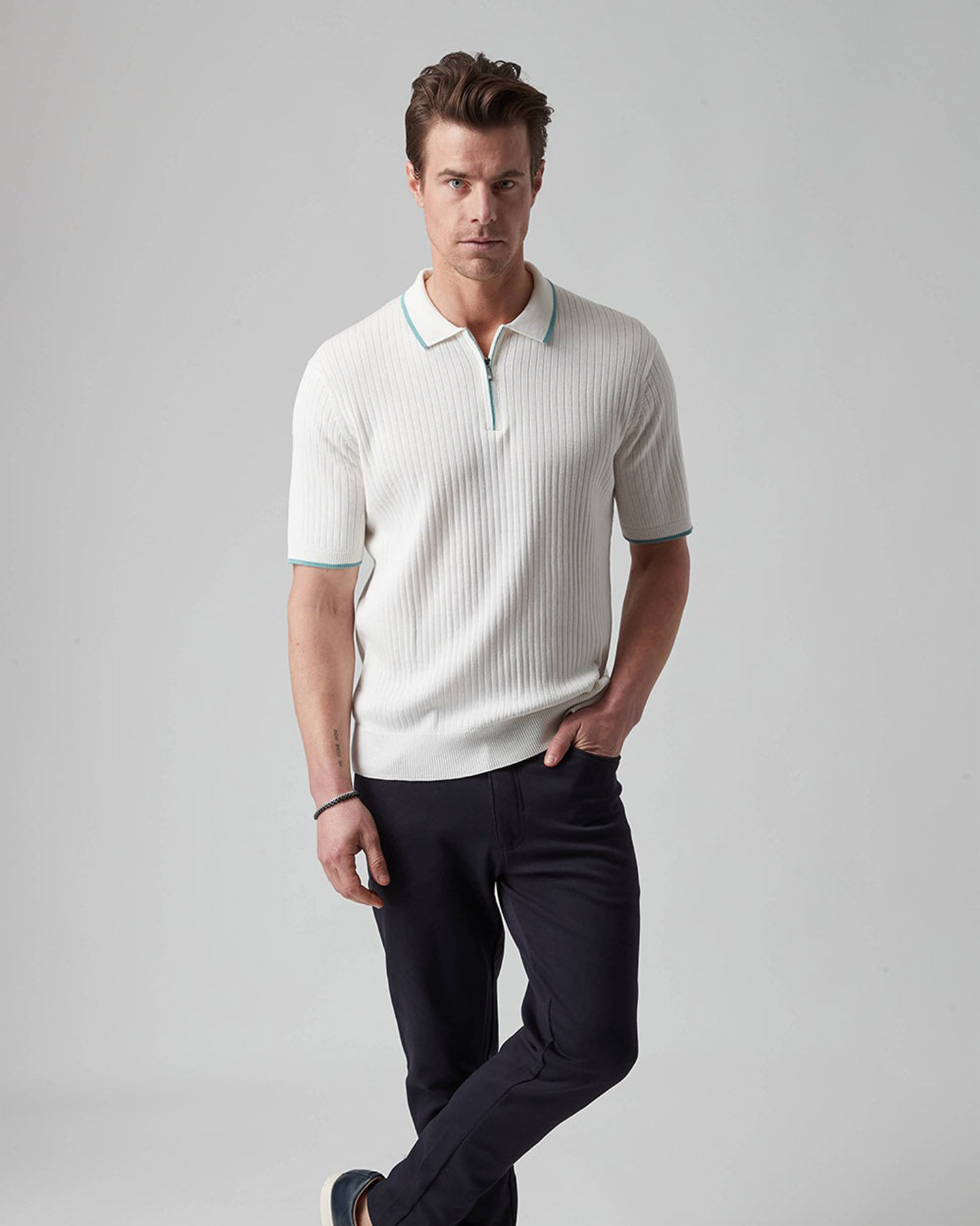 FOREVER LUXE COTTON BLEND RIBBED POLO - ECRU