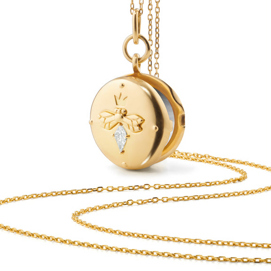 18K YELLOW GOLD ROUND BEE LOCKET WITH DIAMOND NECKLACE