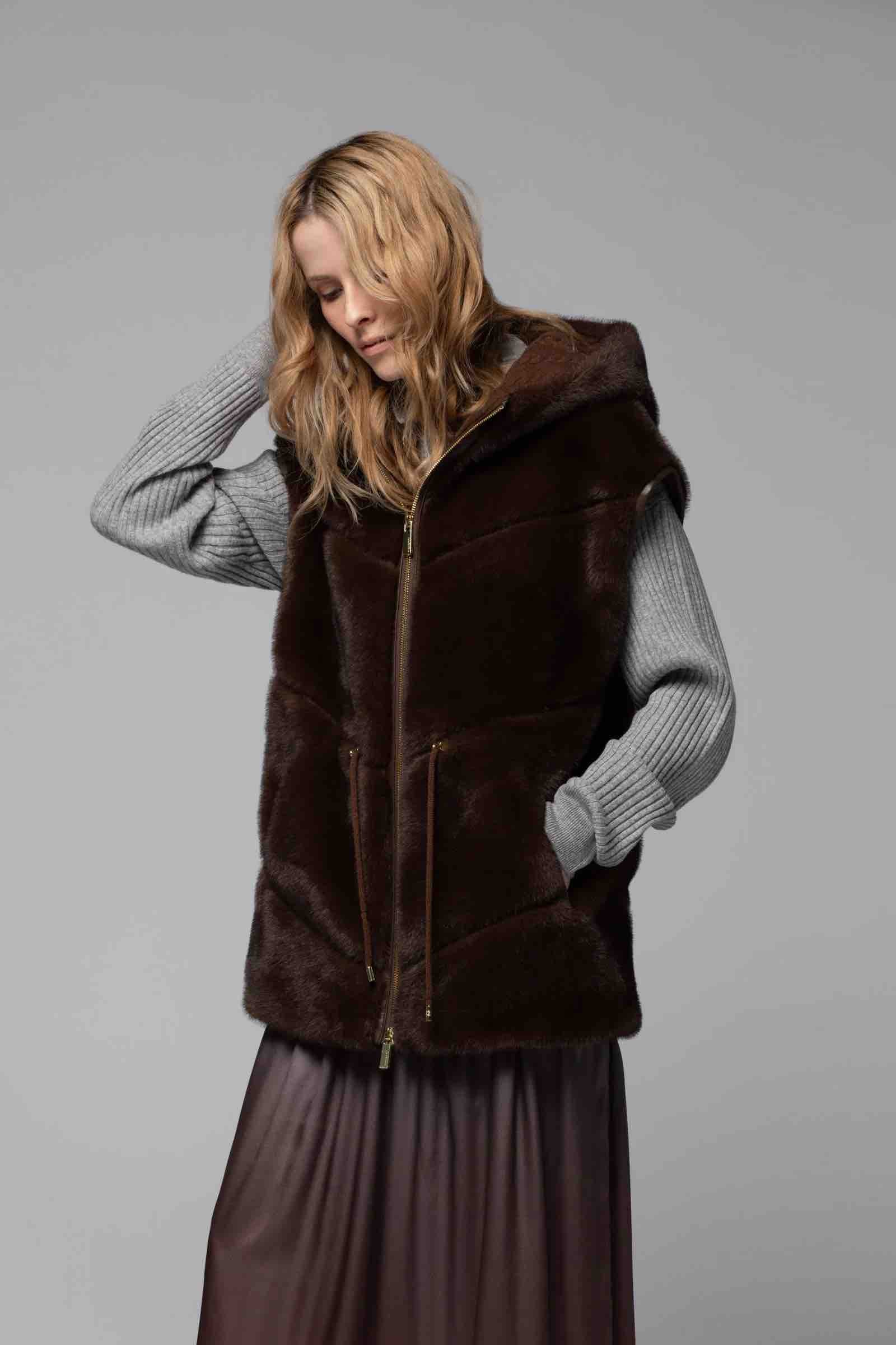 VALORA FAUX MINK HOODED VEST - CHOCOLATE