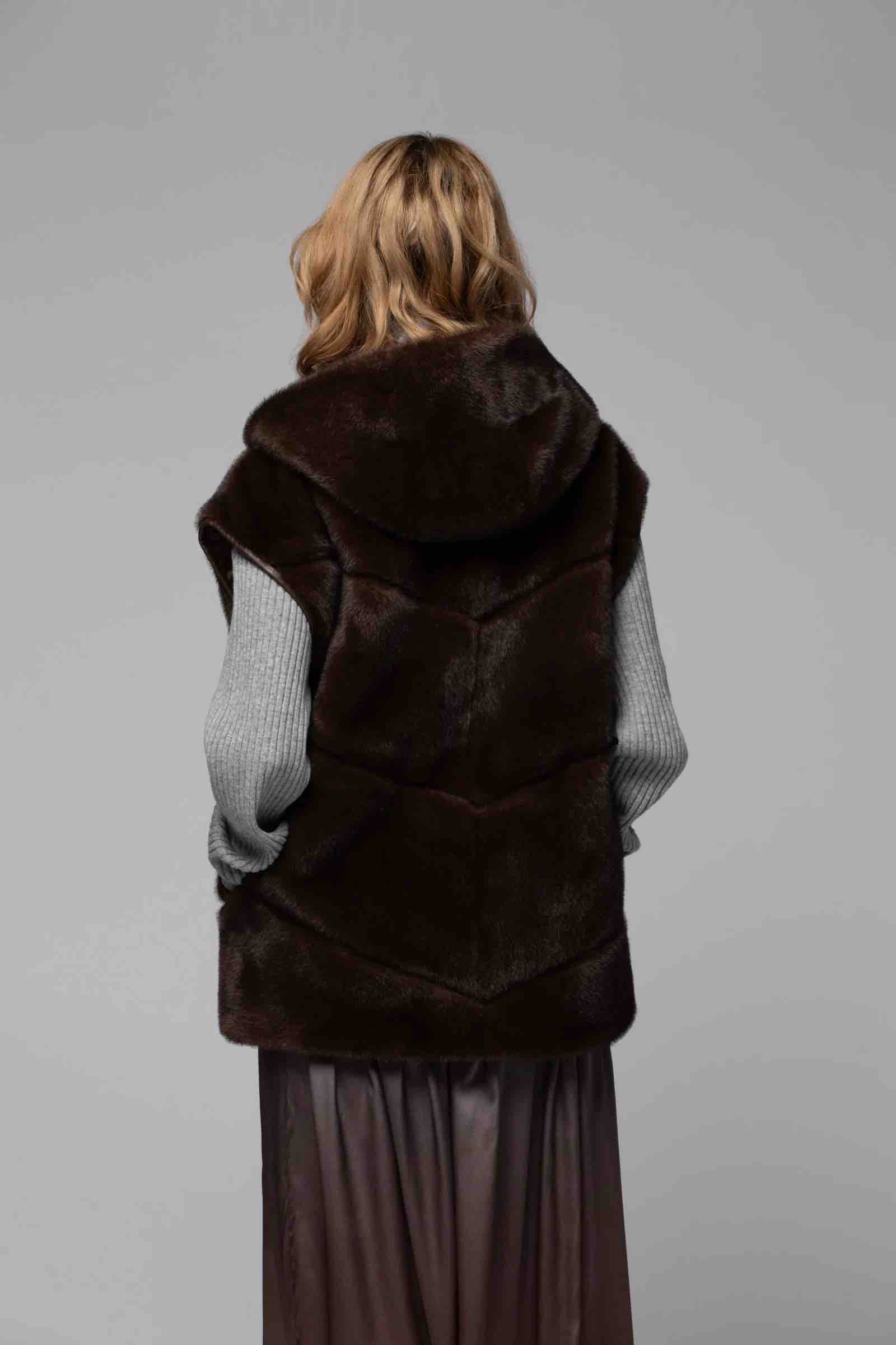 VALORA FAUX MINK HOODED VEST - CHOCOLATE