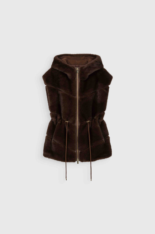 VALORA FAUX MINK HOODED VEST - CHOCOLATE