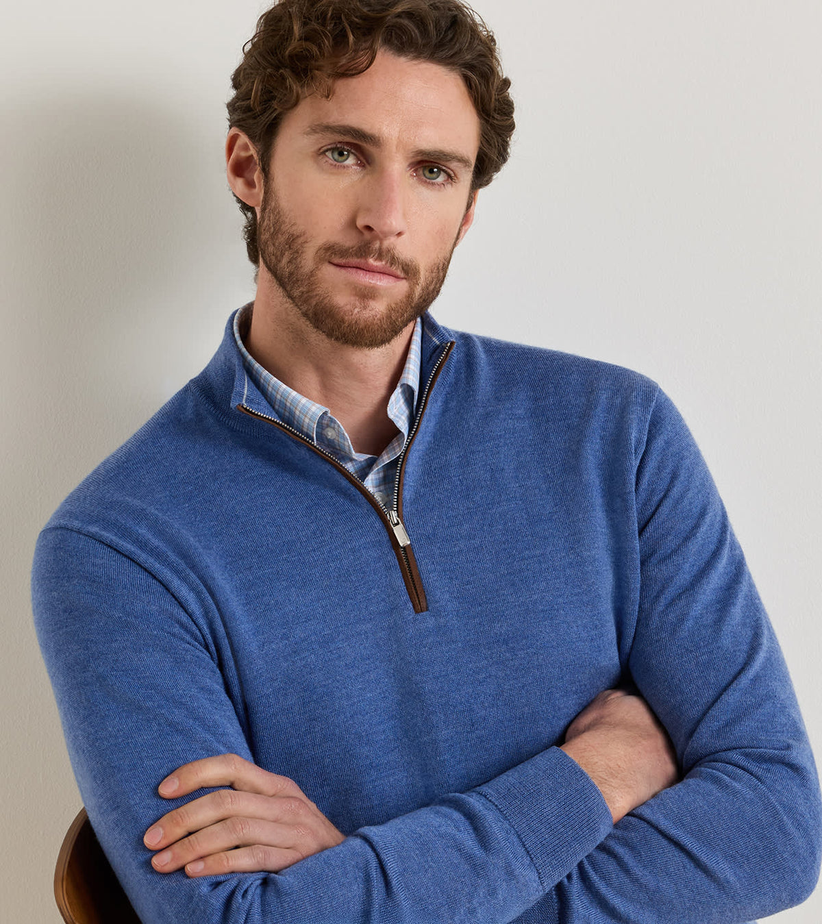 AUTUMN CREST SUEDE TRIM 1/4 ZIP SWEATER - CROWN BLUE