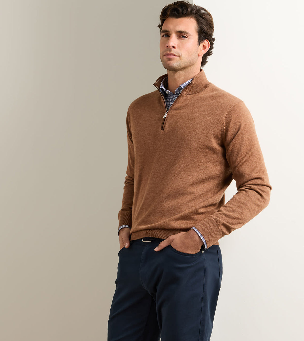 AUTUMN CREST SUEDE TRIM 1/4 ZIP SWEATER - DARK AMBER