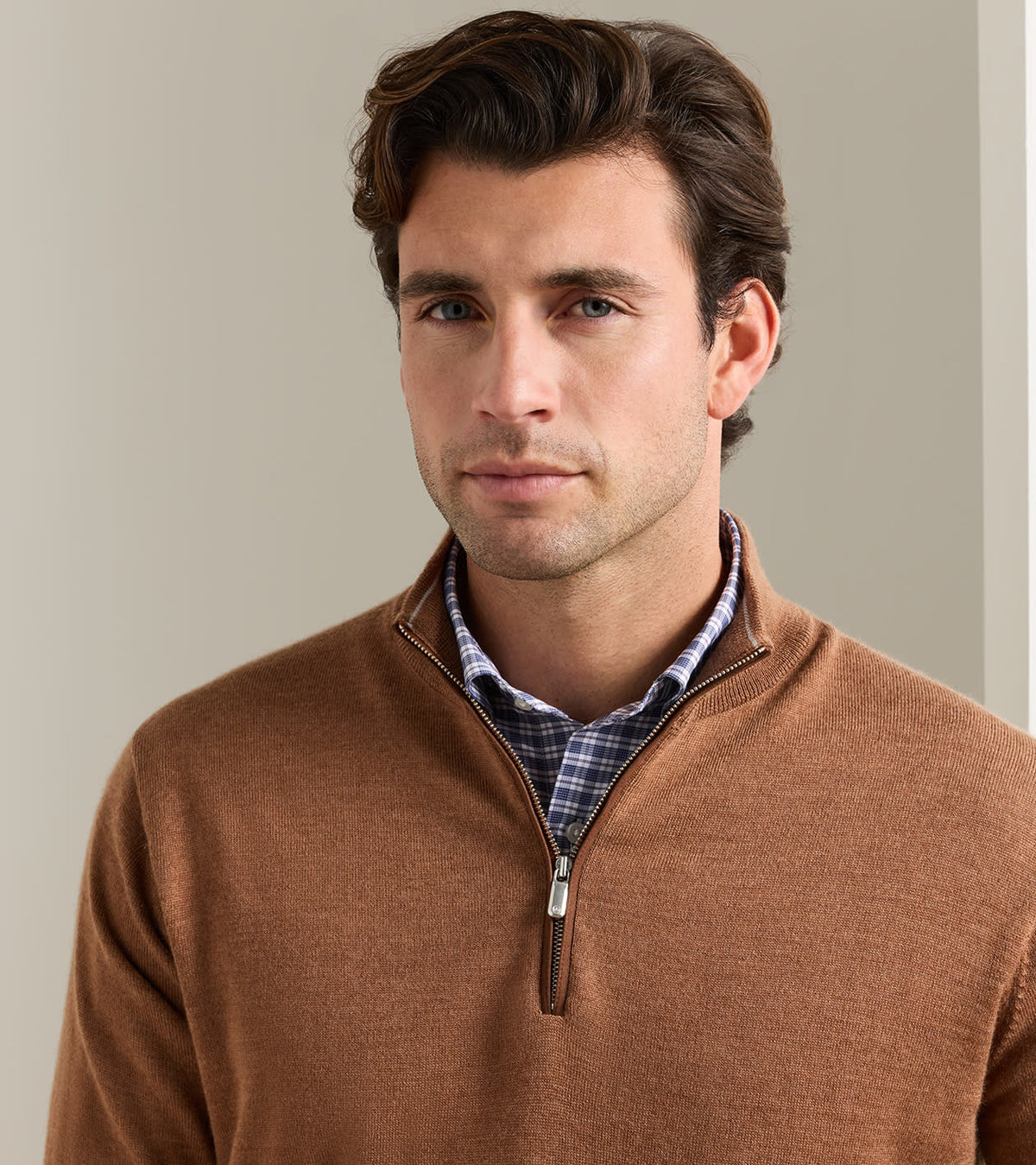 AUTUMN CREST SUEDE TRIM 1/4 ZIP SWEATER - DARK AMBER