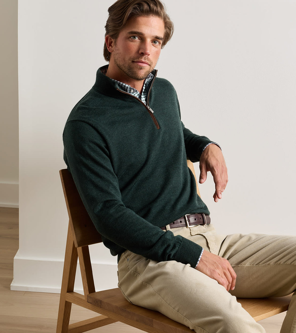 AUTUMN CREST SUEDE TRIM 1/4 ZIP SWEATER - PINE BROOK