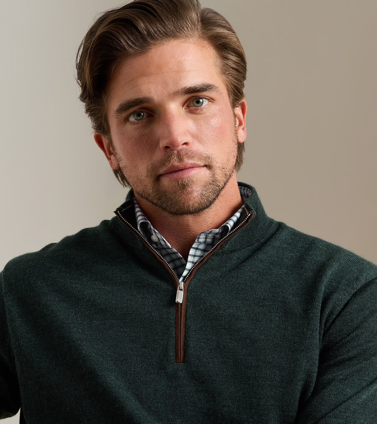 AUTUMN CREST SUEDE TRIM 1/4 ZIP SWEATER - PINE BROOK
