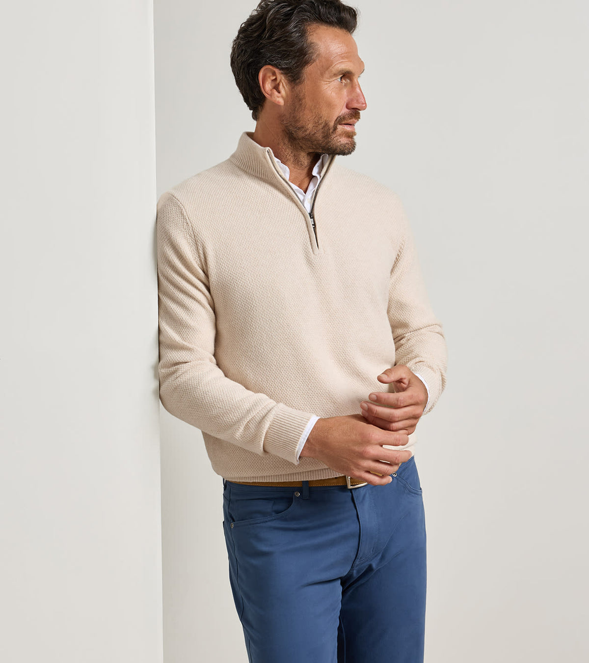 CRESCENT TEXTURE 1/4 ZIP SWEATER - SANDSTONE