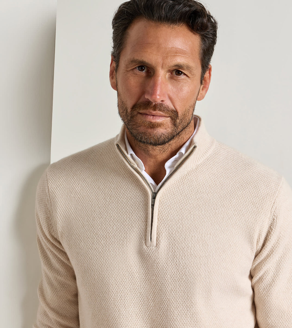 CRESCENT TEXTURE 1/4 ZIP SWEATER - SANDSTONE