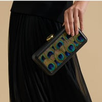 LE MARAIS PEACOCK FEATHER LEATHER CLUTCH - BLACK