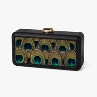 LE MARAIS PEACOCK FEATHER LEATHER CLUTCH - BLACK