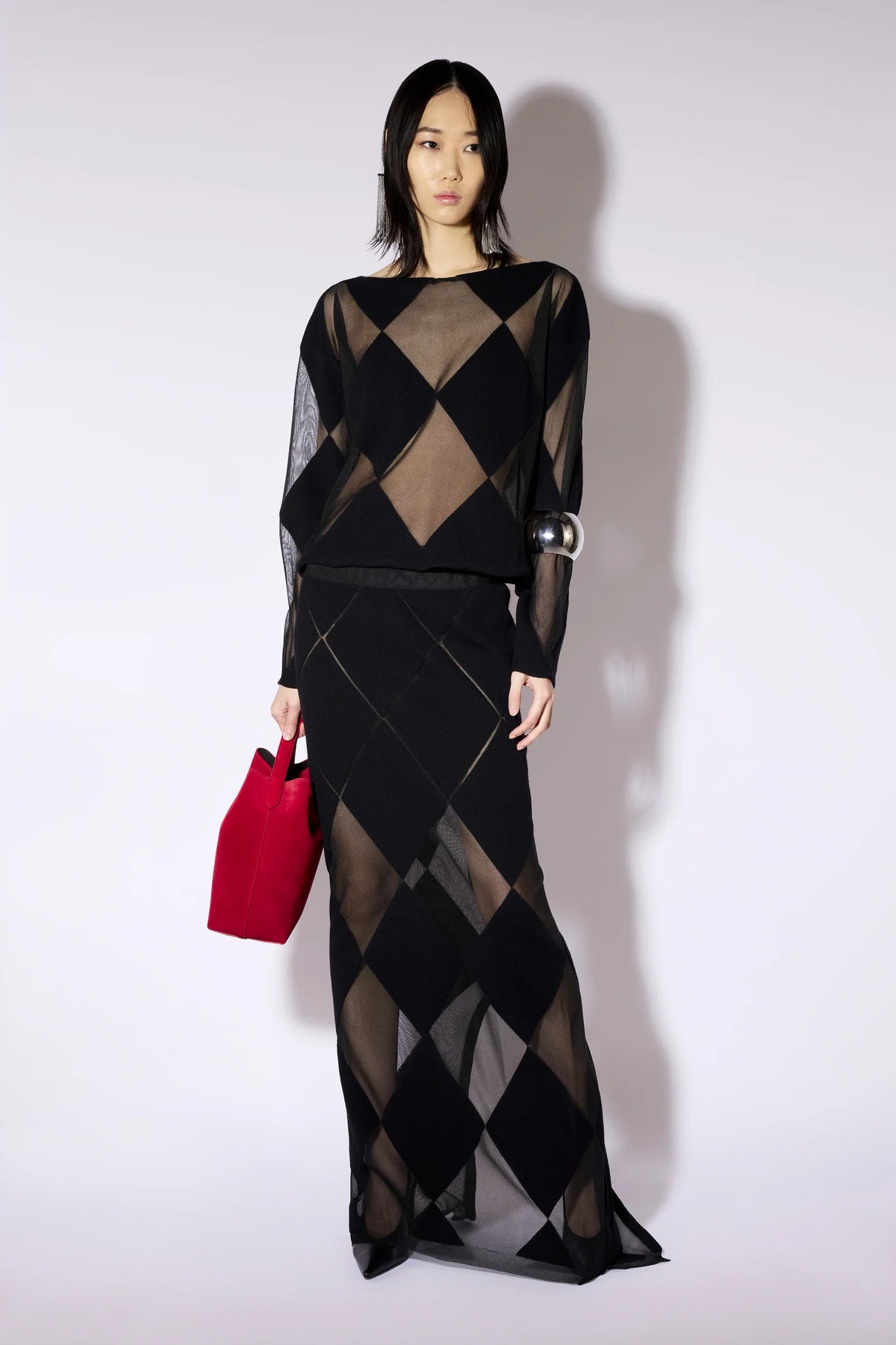 FLEECE WOOL/SHEER DIAMOND PRINT SWEATER - BLACK