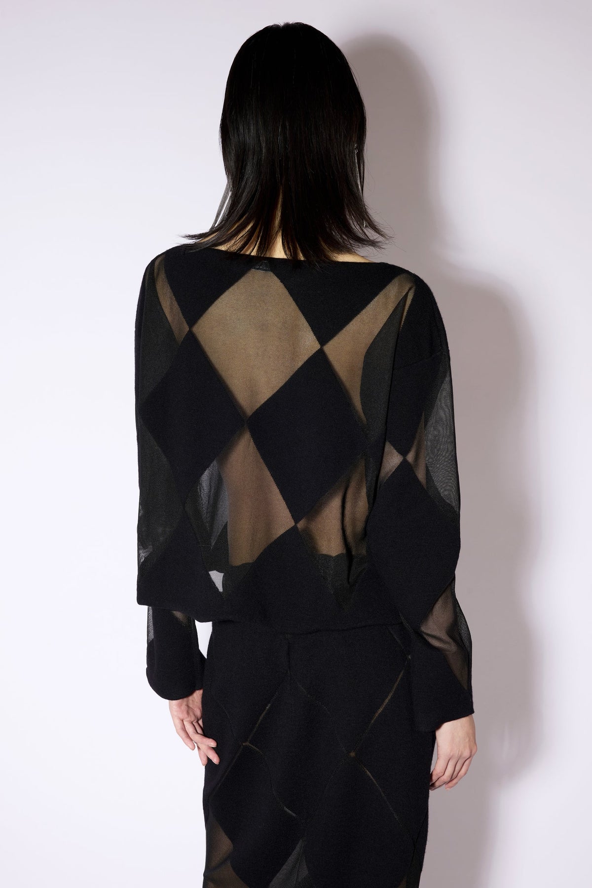 FLEECE WOOL/SHEER DIAMOND PRINT SWEATER - BLACK