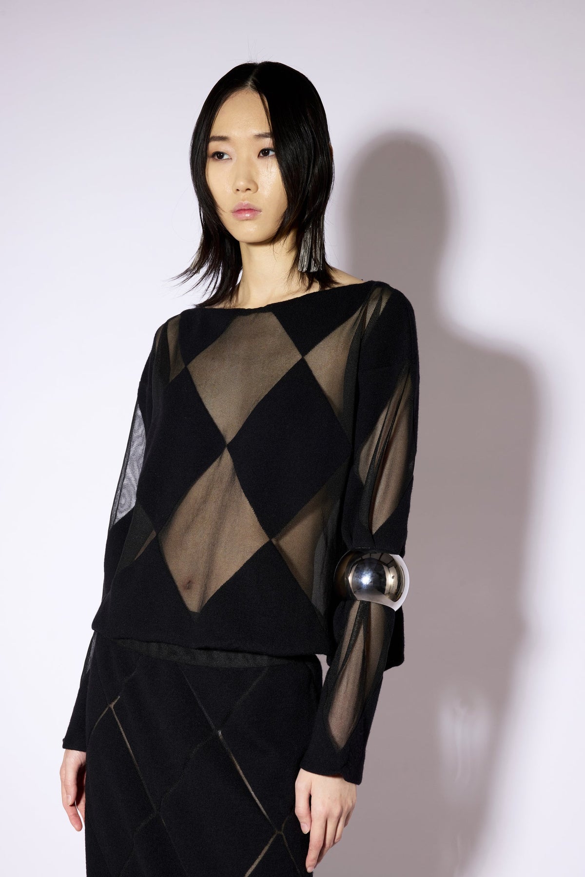 FLEECE WOOL/SHEER DIAMOND PRINT SWEATER - BLACK