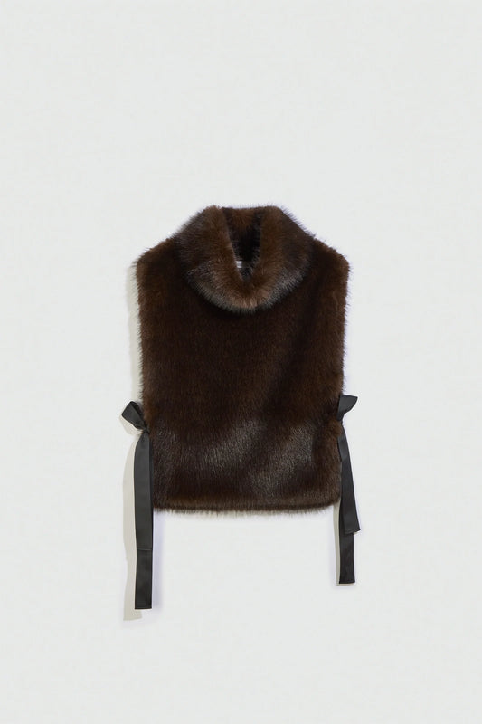 FAUX FUR CAPE WITH TIES - BROWN-EBONY