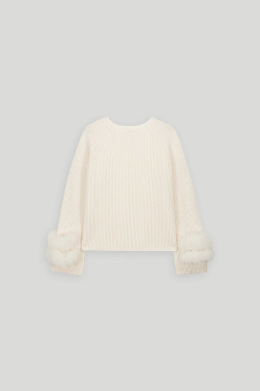 PRANA CASHMERE SWEATER WITH FOX TRIM - WHITE