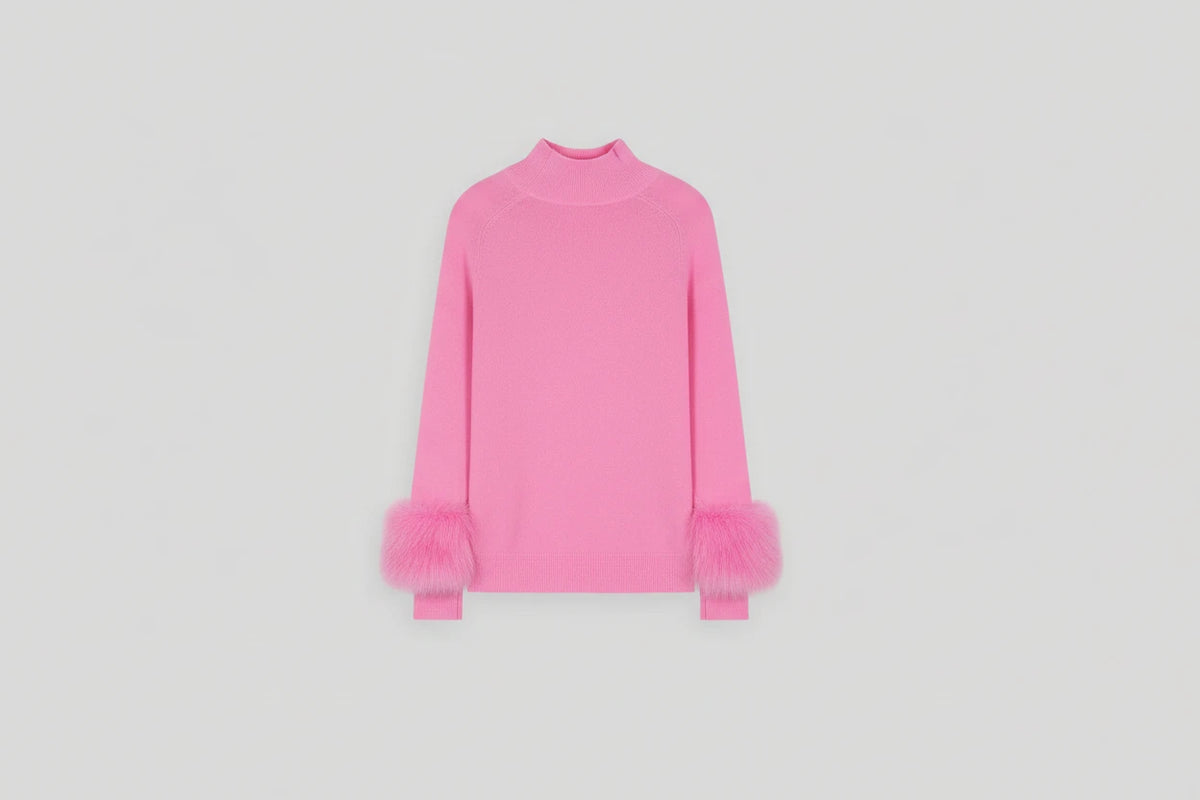 PRANA CASHMERE SWEATER WITH FOX TRIM - PINK