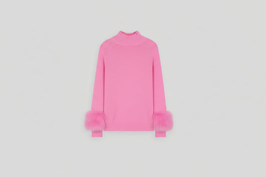 PRANA CASHMERE SWEATER WITH FOX TRIM - PINK