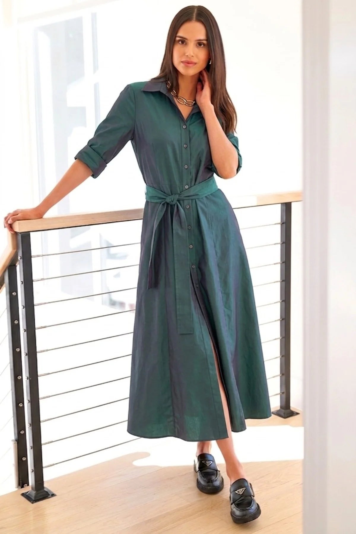 LONG LAINE WEATHERCLOTH DRESS- JADE