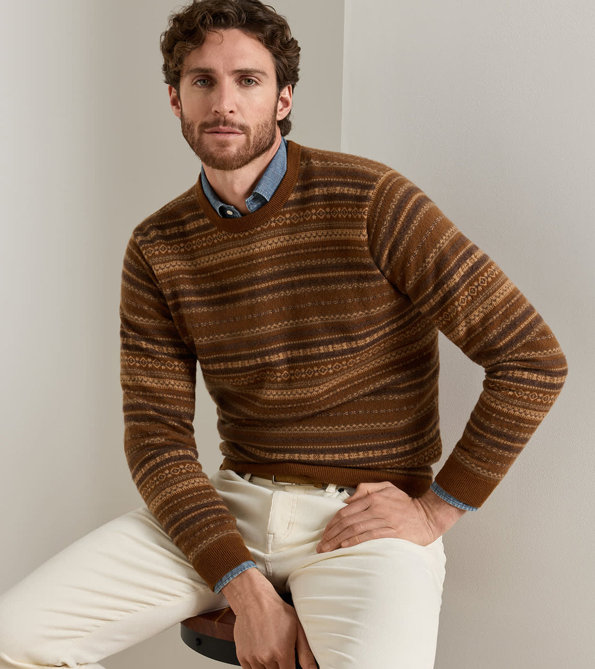 SADDLE FAIRISLE CREW NECK SWEATER - DARK AMBER