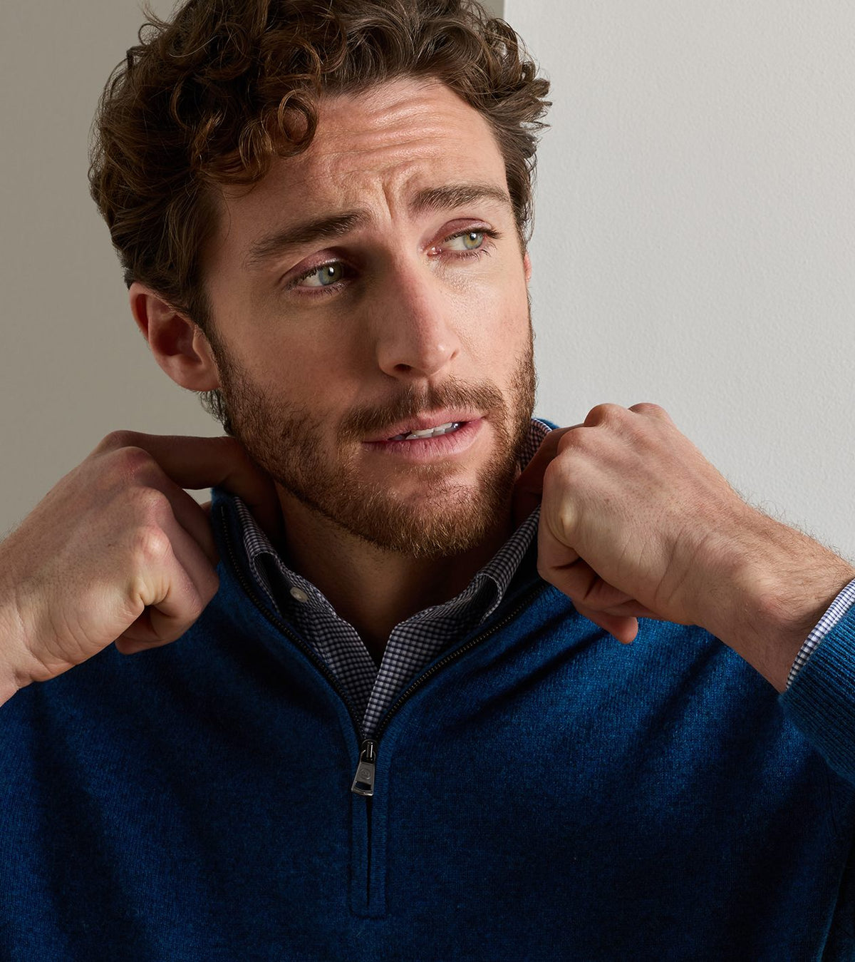 CROWN ANNIVERSARY CASHMERE 1/4 ZIP SWEATER - OCEAN BLUE