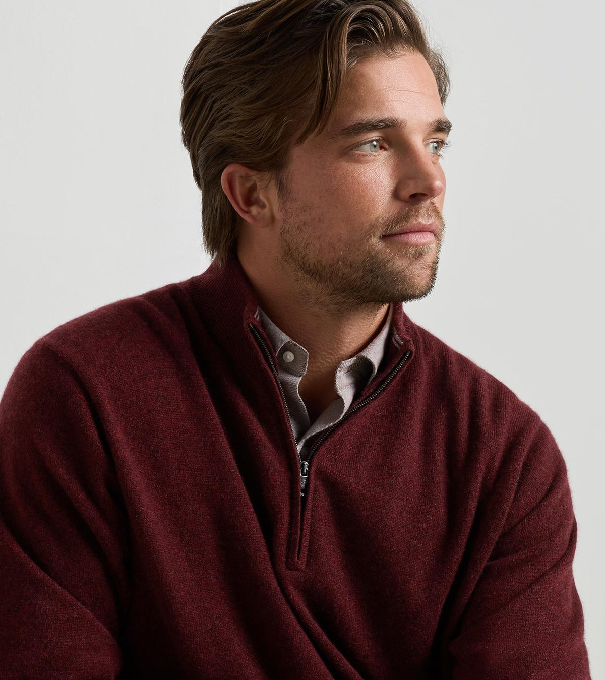 CROWN ANNIVERSARY CASHMERE 1/4 ZIP SWEATER - BORDEAUX