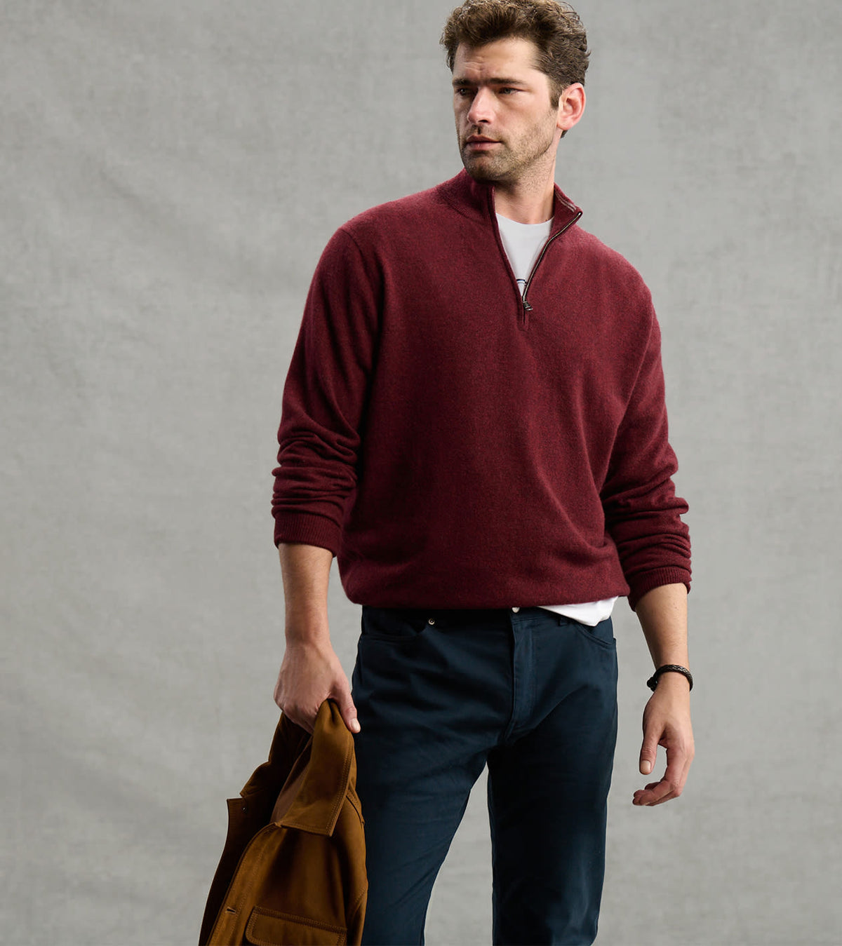 CROWN ANNIVERSARY CASHMERE 1/4 ZIP SWEATER - BORDEAUX
