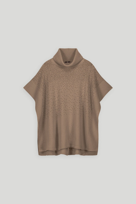 LINE CASHMERE HIGH NECK PONCHO WITH CRYSTALS - HAZELNUT