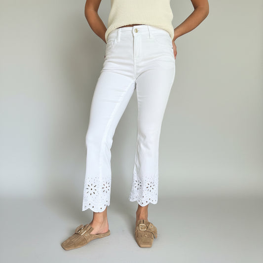 KICK FLARE MODERN EMBROIDERED JEANS - WHITE DENIM