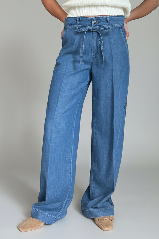 WENDY EMBROIDERED DENIM TROUSER - MID BLUE HERITAGE