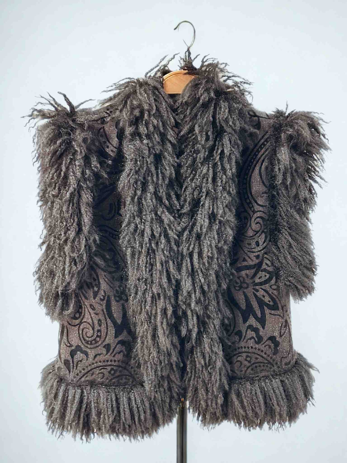 STRETCH DENIM PAISLEY VEST WITH BLACK MONGOLIAN FLOCK