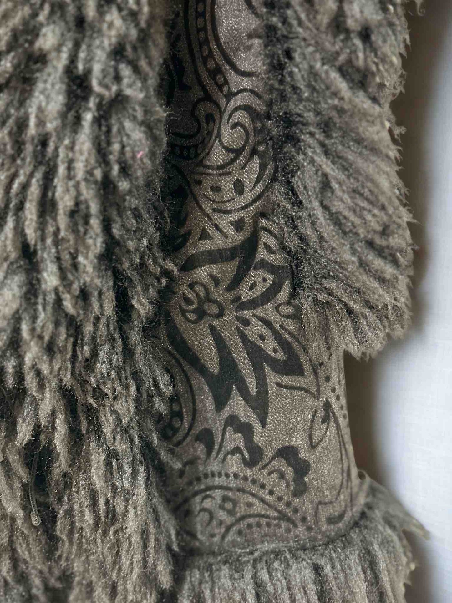 STRETCH DENIM PAISLEY VEST WITH BLACK MONGOLIAN FLOCK