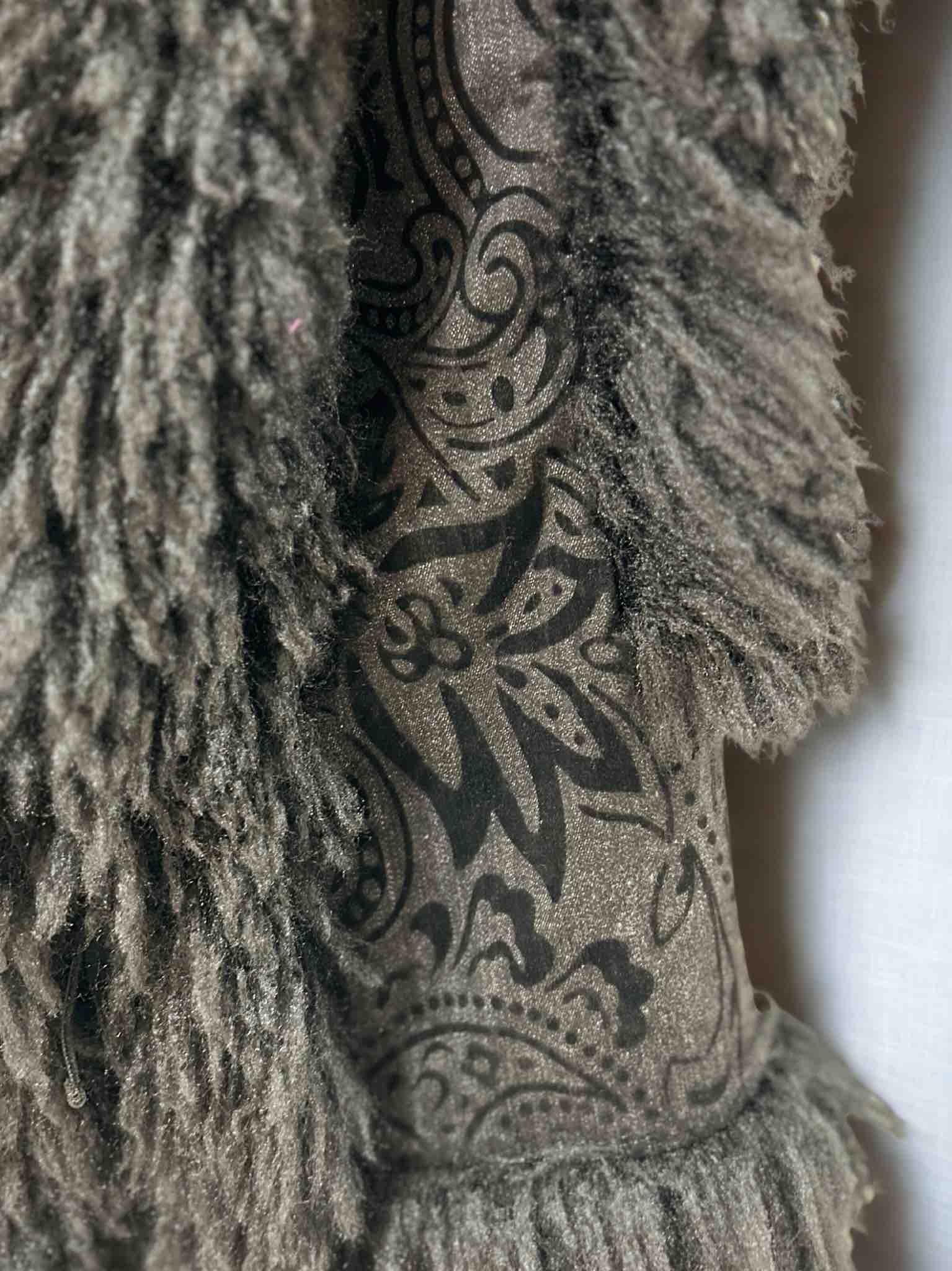 STRETCH DENIM PAISLEY VEST WITH BLACK MONGOLIAN FLOCK