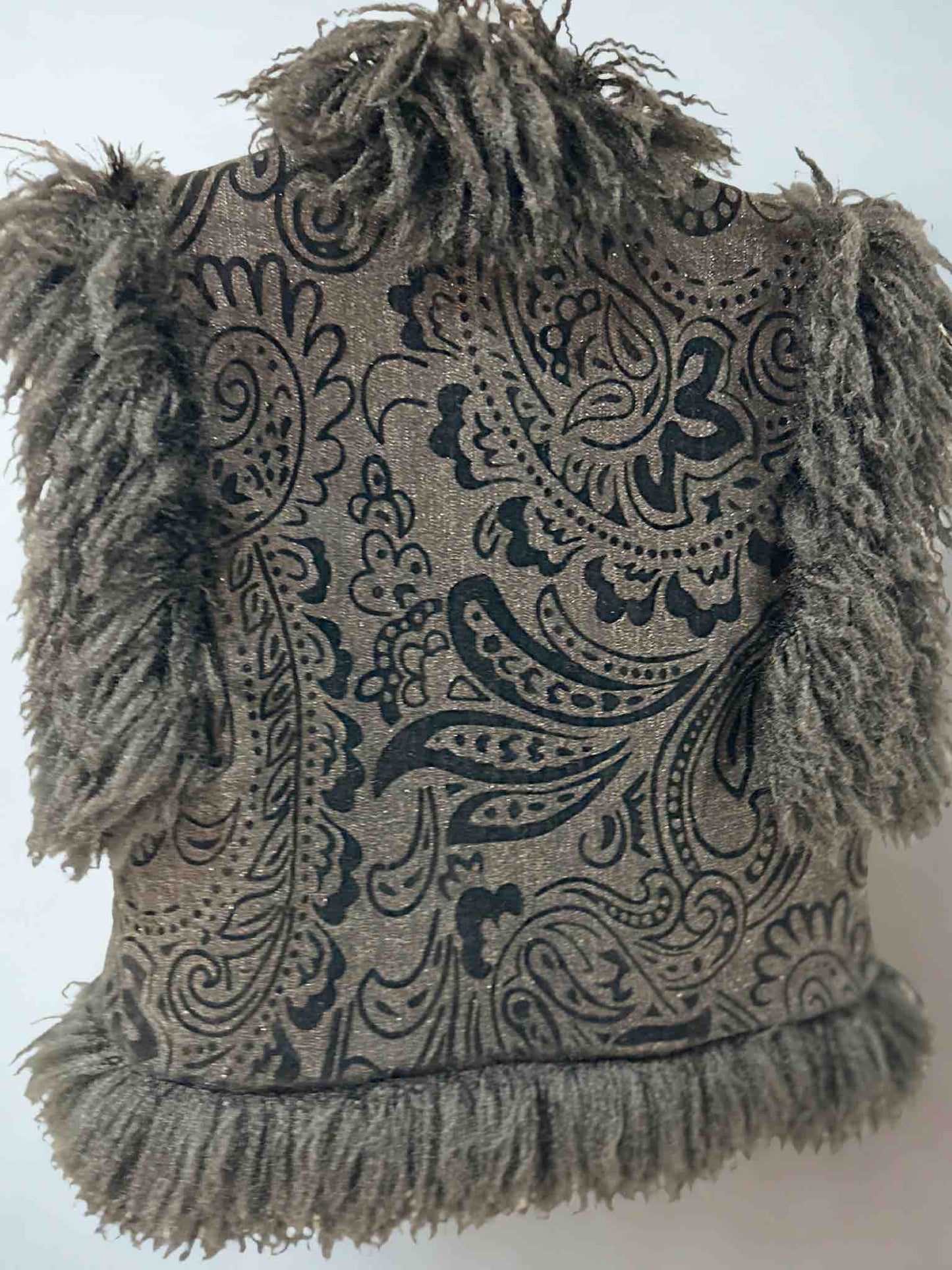 STRETCH DENIM PAISLEY VEST WITH BLACK MONGOLIAN FLOCK