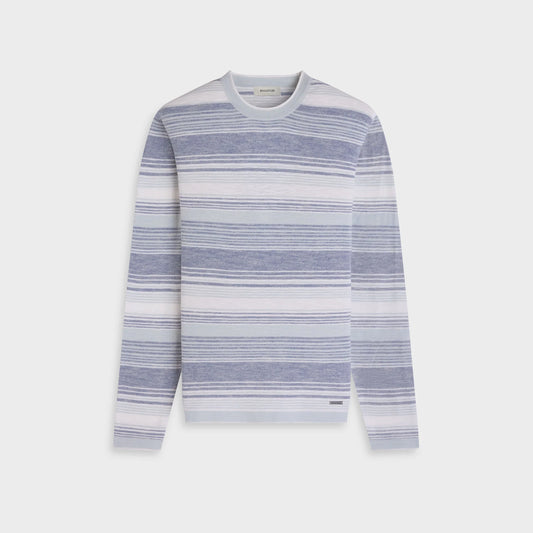 STRIPED COTTON LONG SLEEVE CREW NECK PULLOVER - COBALT