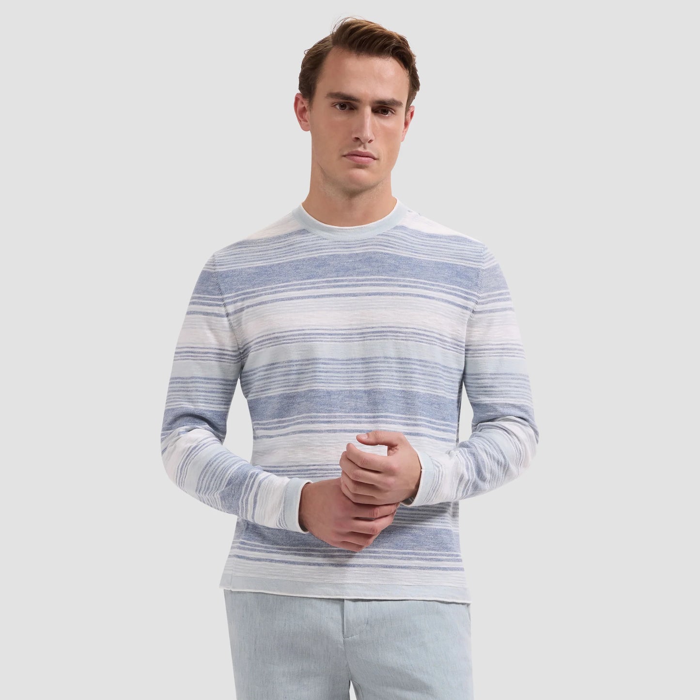 STRIPED COTTON LONG SLEEVE CREW NECK PULLOVER - COBALT
