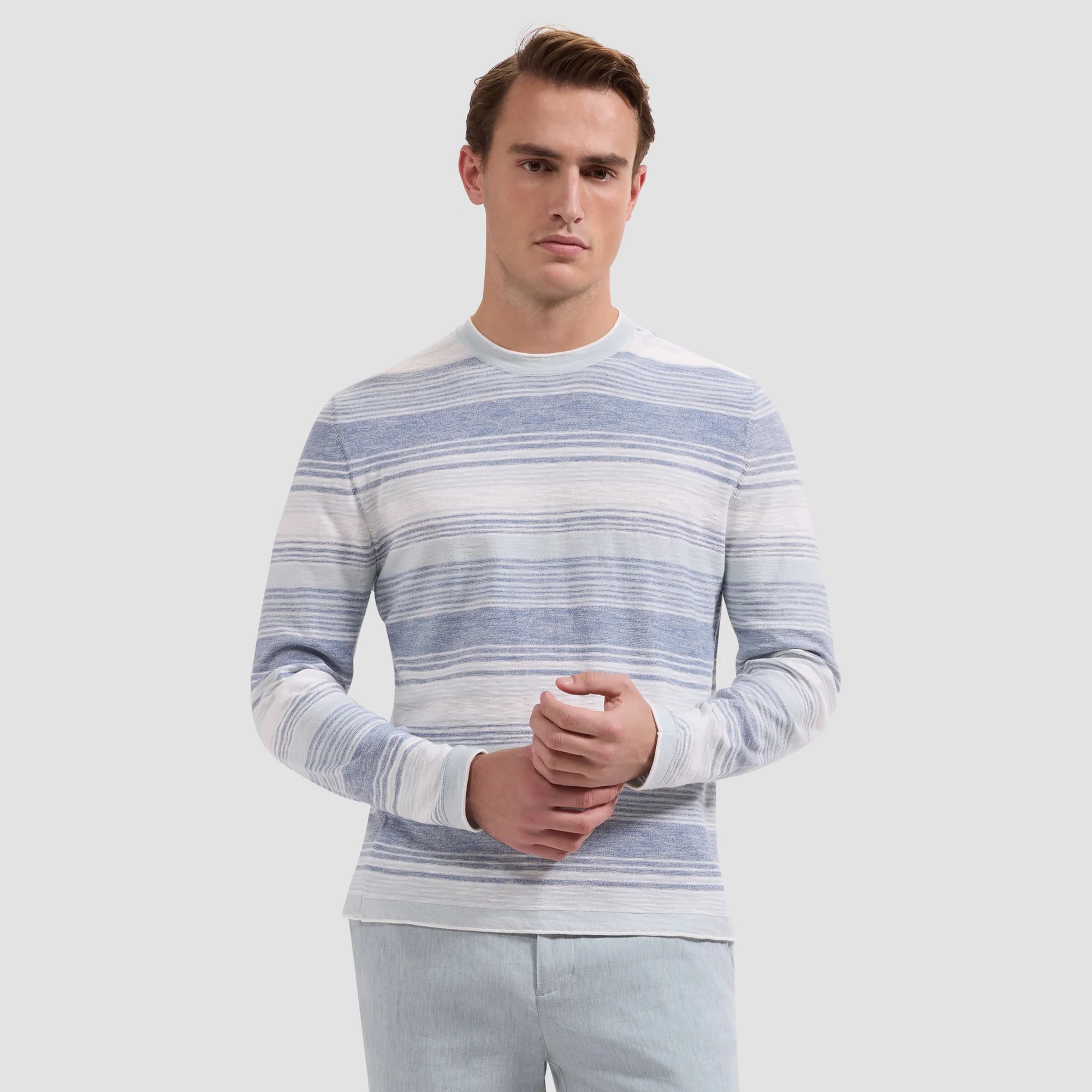 STRIPED COTTON LONG SLEEVE CREW NECK PULLOVER - COBALT