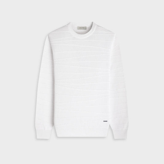 EMBROIDERED STRIPE COTTON SILK CREW NECK PULLOVER - CHALK