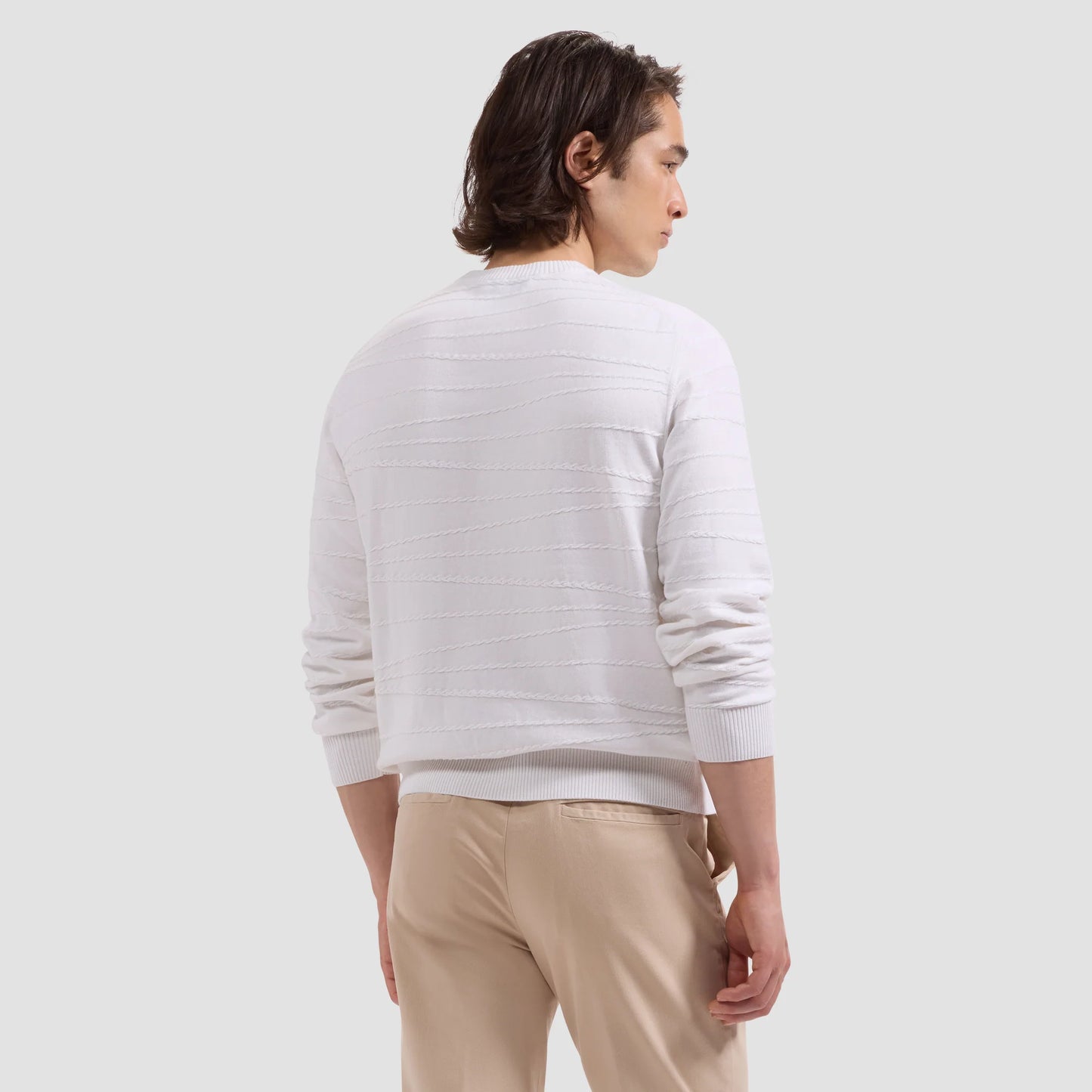 EMBROIDERED STRIPE COTTON SILK CREW NECK PULLOVER - CHALK