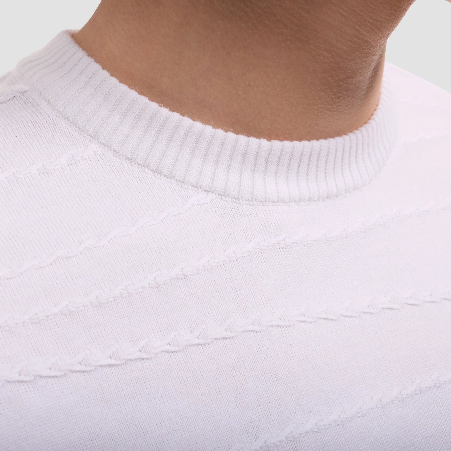 EMBROIDERED STRIPE COTTON SILK CREW NECK PULLOVER - CHALK