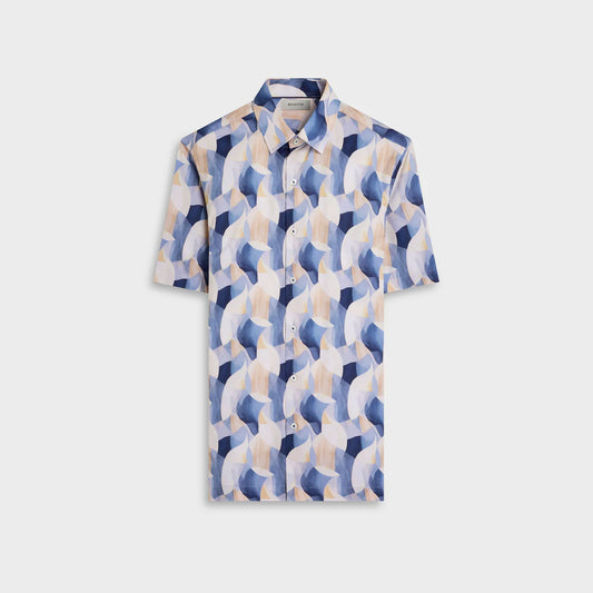 ABSTRACT PRINT COTTON SHAPED FIT SHORT SLEEVE SHIRT - COBALT
