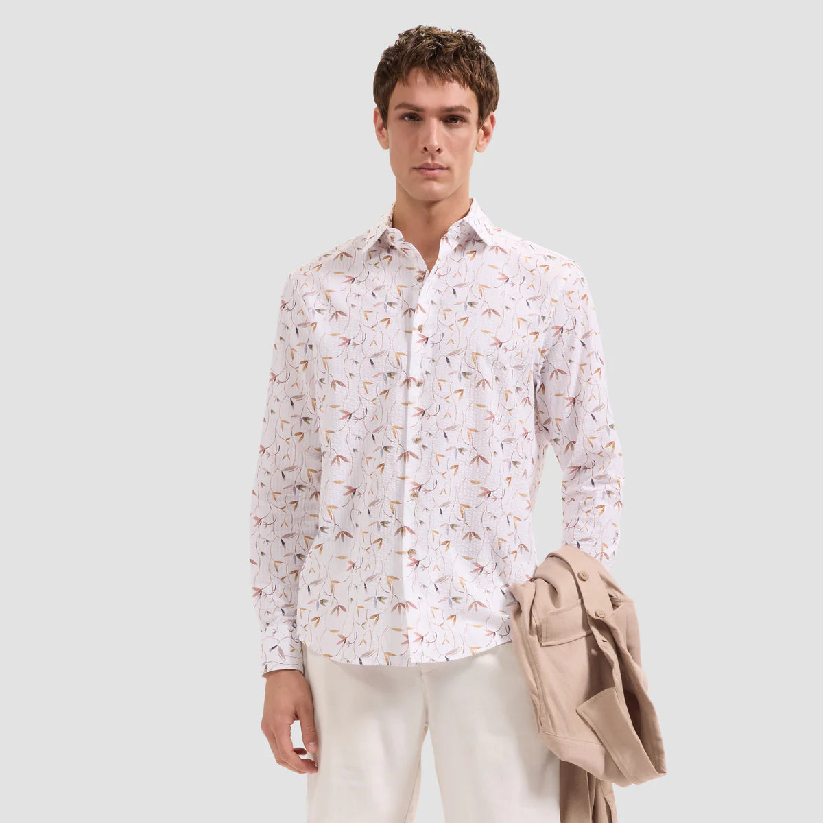 BOTANICAL PRINT SEERSUCKER SHAPED FIT SHIRT - WHITE