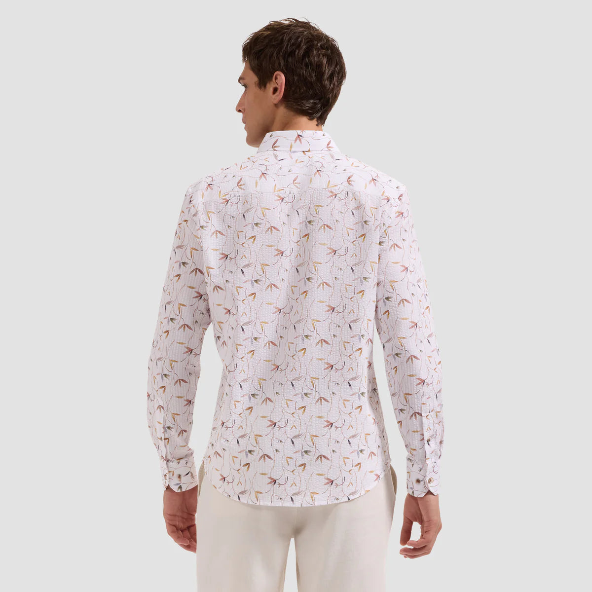 BOTANICAL PRINT SEERSUCKER SHAPED FIT SHIRT - WHITE