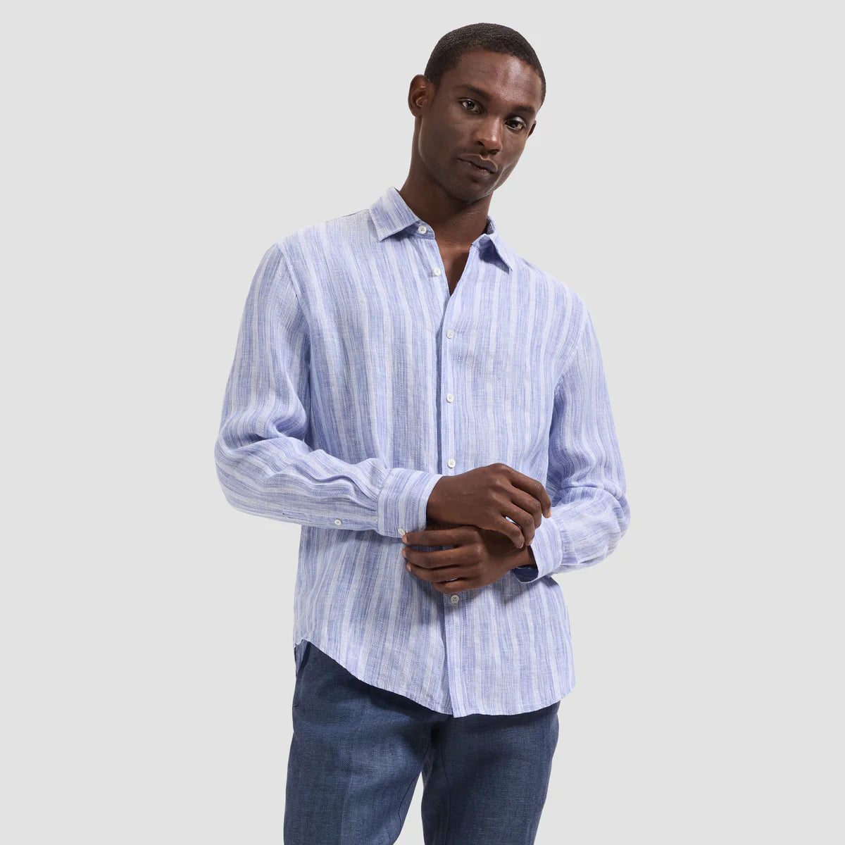 TEXTURED STRIPE FINE LINEN SHAPED FIT SHIRT - CLASSIC BLUE