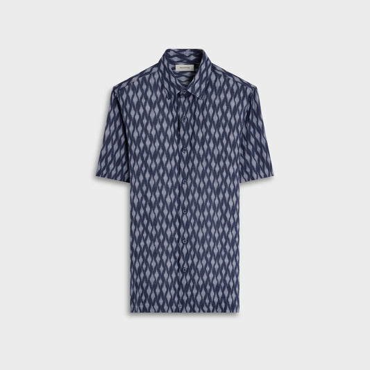 TEXTURED PRINT FINE LINEN SHAPED FIT SHORT SLEEVE SHIRT - NAVY