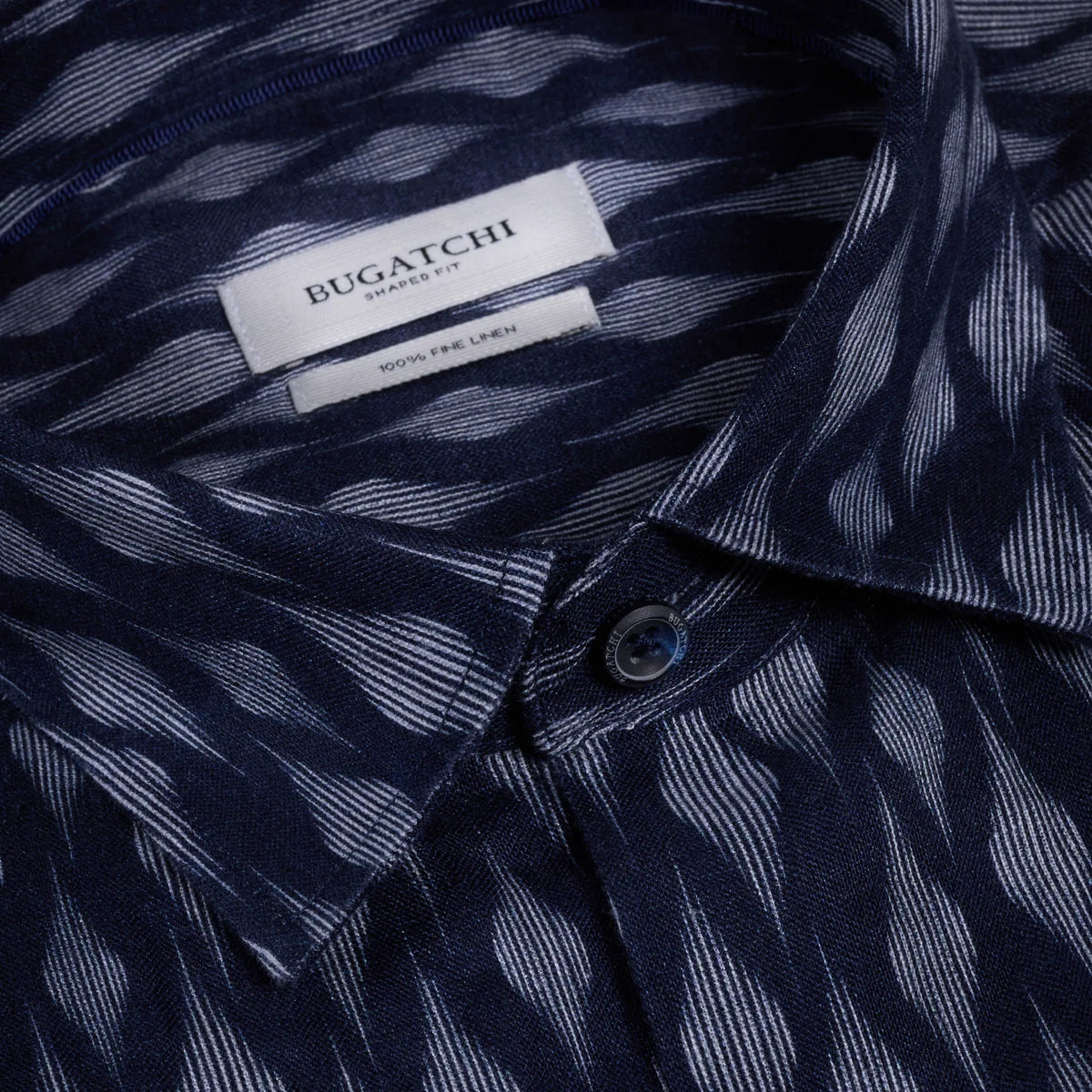 TEXTURED PRINT FINE LINEN SHAPED FIT SHORT SLEEVE SHIRT - NAVY