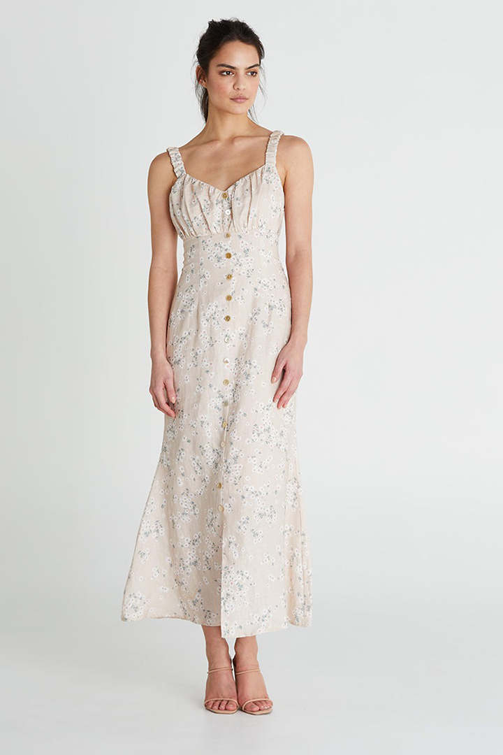 ISOBEL LINEN GATHERED SWEETHEART MIDI DRESS