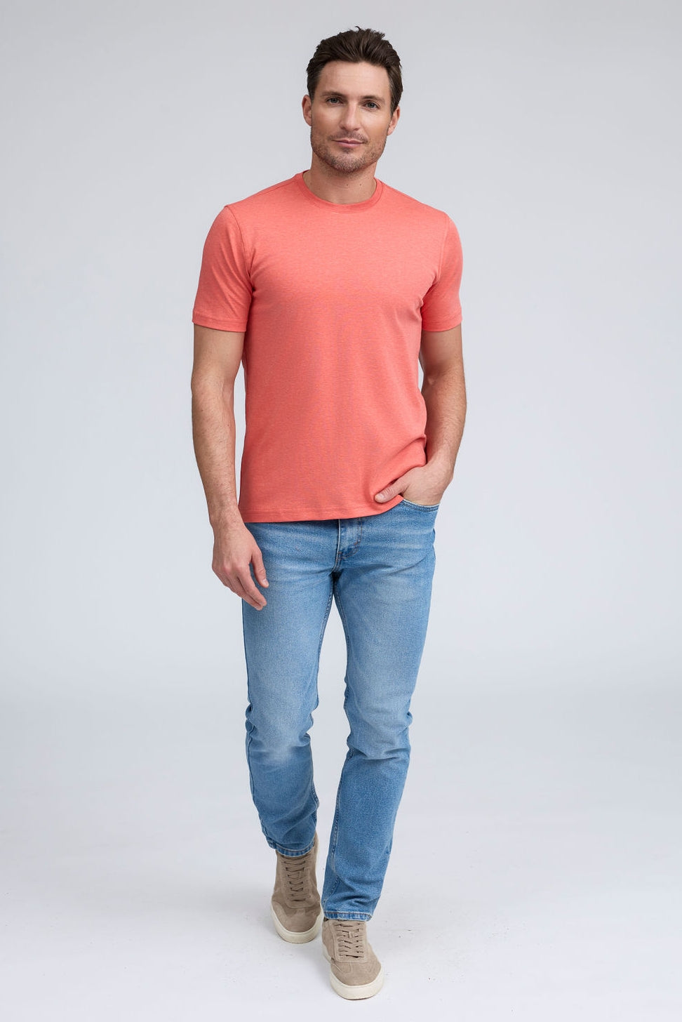 PURE AQUA COTTON CREW NECK T-SHIRT - CORAL