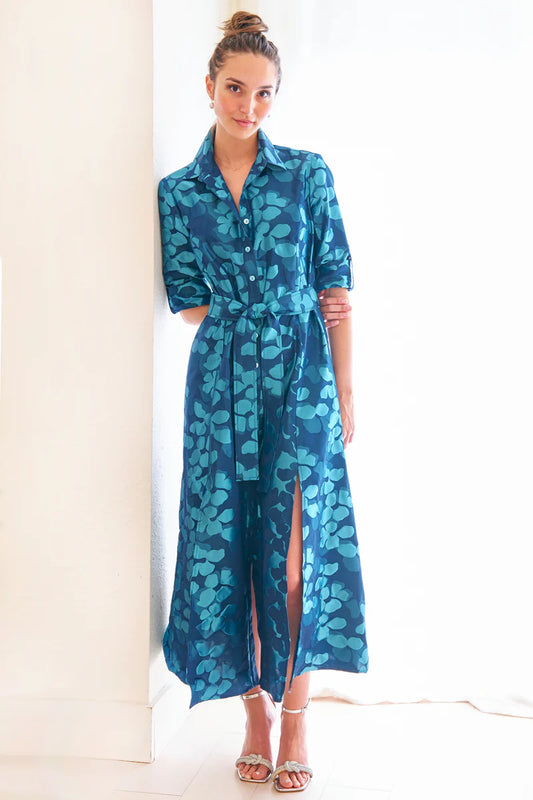 LAINE JACQUARD LILYPAD DRESS- AQUA/NAVY