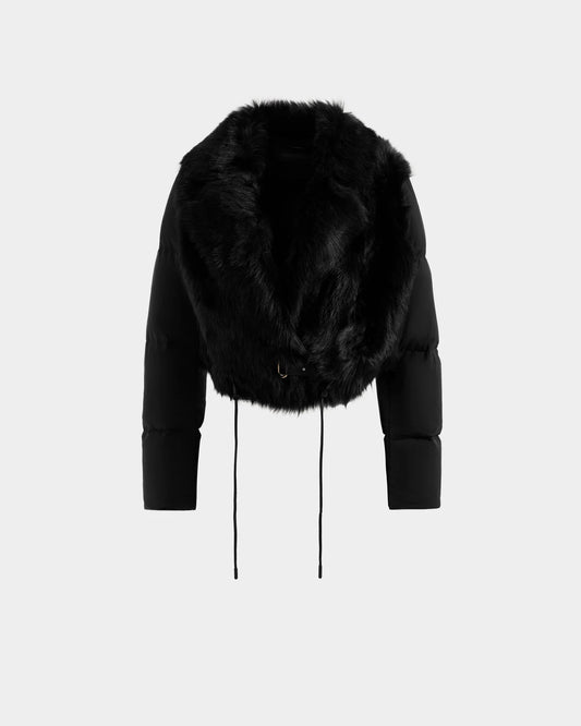LILAH SHEARLING & NYLON CROPPED JACKET - BLACK