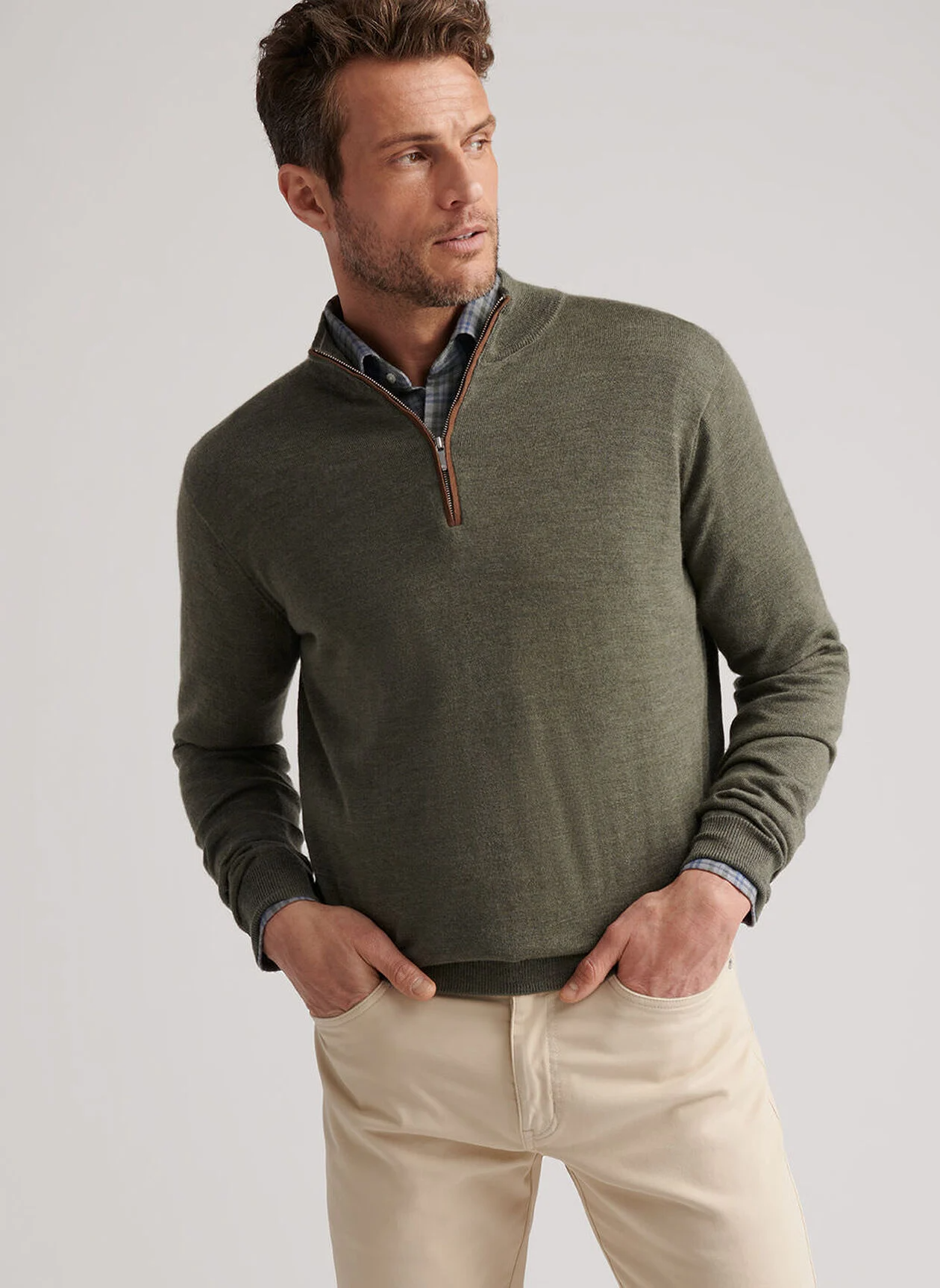 AUTUMN CREST SUEDE TRIM 1/4 ZIP SWEATER - BASIL